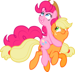 Size: 1551x1500 | Tagged: safe, artist:storfulsten, applejack, pinkie pie, pony, g4, accessory swap, female, lesbian, pinkie pie riding applejack, ponies riding ponies, riding, ship:applepie, shipping, simple background, transparent background