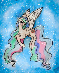 Size: 1200x1486 | Tagged: safe, artist:scheadar, princess celestia, alicorn, pony, g4, blushing, female, flying, looking at you, missing accessory, solo, space, spread wings, traditional art, watercolor painting, wings