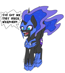 Size: 1024x1158 | Tagged: safe, artist:ravvij, nightmare moon, alicorn, pony, g4, armor, author:8th-sin, author:eighth, christmas, cute, dialogue, eighth, eighth-sin, excited, female, filly, happy, hearth's warming, mare, moonie, moonie shorts, nightmare woon, present, sharp teeth, simple background, teeth, transparent background