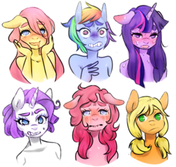 Size: 620x589 | Tagged: safe, artist:pettankochan, applejack, fluttershy, pinkie pie, rainbow dash, rarity, twilight sparkle, anthro, g4, alternate hairstyle, blushing, bust, crying, looking at you, mane six, pigtails, simple background, sweat, varying degrees of want, white background