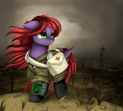 Size: 3882x3509 | Tagged: safe, artist:pridark, oc, oc only, pegasus, pony, fallout equestria, clothes, commission, fallout, female, high res, mare, pipbuck, sad, scenery, solo, wasteland