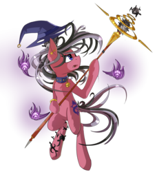 Size: 2557x2798 | Tagged: safe, artist:beardie, oc, oc only, oc:blink trevelis, bell, bell collar, bracelet, collar, ear piercing, female, hat, high res, jewelry, piercing, solo, staff, vine, windswept hair, windswept mane, witch, witch hat
