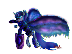 Size: 2160x1614 | Tagged: safe, artist:ruby dusk, princess luna, alicorn, pony, g4, alternate hairstyle, chromatic aberration, ethereal wings, fantasy class, female, knight, practice, simple background, solo, transparent background, warrior, warrior luna, wings