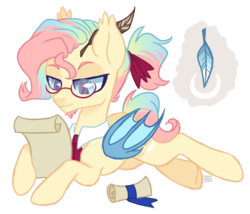 Size: 2448x2092 | Tagged: safe, artist:hawthornss, oc, oc only, oc:final flourish, bat pony, pony, cute little fangs, ear fluff, fangs, feather, freckles, glasses, hair accessory, high res, male, necktie, parchment, prone, quill, reading, scroll, stallion