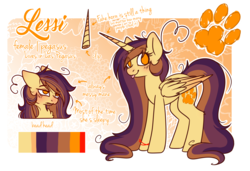 Size: 3876x2646 | Tagged: safe, artist:ruef, oc, oc only, oc:lessi, pegasus, pony, bed hair, fake horn, high res, reference sheet, solo, tongue out