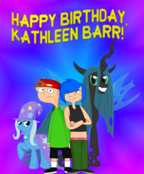 Size: 3865x4671 | Tagged: safe, artist:cyber-murph, queen chrysalis, trixie, pony, unicorn, g4, absurd resolution, belly button, cape, clothes, crossover, ed edd n eddy, female, happy birthday, hat, kathleen barr, kevin (ed edd n eddy), mare, marie kanker, midriff, tribute, voice actor