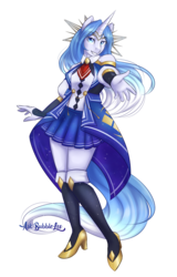 Size: 2494x3887 | Tagged: safe, artist:askbubblelee, oc, oc only, oc:luminous rift, unicorn, anthro, plantigrade anthro, anthro oc, clothes, commission, dress, female, gradient mane, high heels, high res, looking at you, mare, reaching, simple background, smiling, solo, standing, transparent background