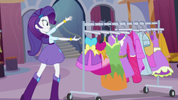 Size: 1920x1080 | Tagged: safe, screencap, rarity, equestria girls, g4, my little pony equestria girls, boots, bracelet, carousel boutique, clothes, dress, fall formal outfits, female, high heel boots, jewelry, skirt, solo, stairs, that pony sure does love dresses, this is our big night