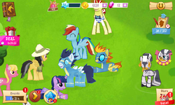 Size: 800x480 | Tagged: safe, gameloft, screencap, daring do, flim, lily, lily valley, rainbow dash, soarin', spitfire, twilight sparkle, zecora, pony, zebra, g4, vip