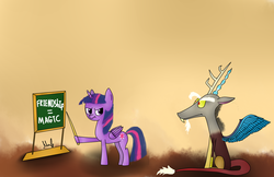 Size: 1024x663 | Tagged: safe, artist:squillie, discord, twilight sparkle, alicorn, pony, g4, chalkboard, duo, female, mare, twilight sparkle (alicorn)