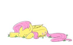 Size: 1024x635 | Tagged: safe, artist:jennilah, fluttershy, g4, both cutie marks, cute, grass, shyabetes, simple background, sleeping, white background