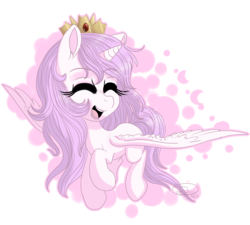 Size: 3000x2700 | Tagged: safe, artist:mimkage, princess celestia, alicorn, pony, g4, crown, cute, cutelestia, eyes closed, female, filly, high res, jewelry, open mouth, pink-mane celestia, regalia, simple background, smiling, solo, spread wings, transparent background, wings, younger