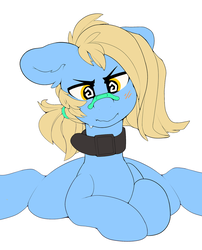 Size: 1280x1588 | Tagged: safe, artist:kribbles, oc, oc only, oc:blank space, earth pony, pony, bandaid, bandaid on nose, blushing, collar, male, ponytail, prone, solo, stallion