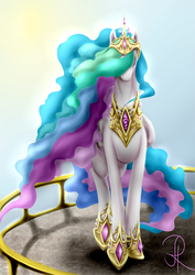 Size: 2893x4092 | Tagged: safe, artist:hitoame113, princess celestia, alicorn, pony, g4, balcony, crown, female, hair covering face, high res, jewelry, peytral, regalia, solo