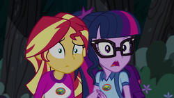 Size: 1280x720 | Tagged: safe, screencap, sci-twi, sunset shimmer, twilight sparkle, equestria girls, g4, my little pony equestria girls: legend of everfree, backpack, camp everfree outfits, clothes, glasses, reaction