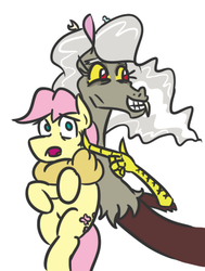 Size: 342x453 | Tagged: safe, artist:jargon scott, discord, fluttershy, pegasus, pony, g4, butterscotch, eris, grin, open mouth, rule 63, simple background, smiling, white background