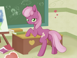 Size: 1727x1312 | Tagged: safe, artist:dusthiel, cheerilee, earth pony, pony, g4, book, chalkboard, female, fluffy, heart, looking at you, solo, table