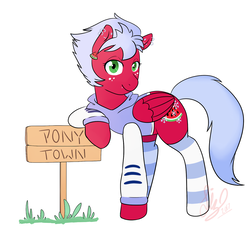 Size: 1280x1168 | Tagged: safe, artist:liziedoodle, oc, oc only, oc:melon frost, pony, pony town, clothes, ear piercing, earring, freckles, grass, hoodie, jewelry, leaning, leaning on sign, piercing, sign, smiling, socks, striped socks