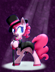 Size: 868x1146 | Tagged: safe, artist:alazak, pinkie pie, earth pony, pony, g4, cane, clothes, colored pupils, cute, diapinkes, ear fluff, female, hat, open mouth, solo, top hat, tuxedo