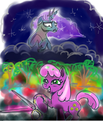 Size: 369x436 | Tagged: safe, artist:pon_pon_pon, cheerilee, princess luna, alicorn, earth pony, pony, g4, dream walker luna, female, garden, mare, scissors, the implications are horrible