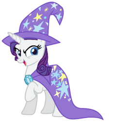 Size: 653x701 | Tagged: safe, artist:diana173076, rarity, pony, unicorn, g4, accessory swap, cape, clothes, female, hat, horn, mare, raised hoof, simple background, solo, the great and powerful, trixie's cape, trixie's hat, white background