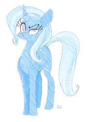 Size: 1034x1466 | Tagged: safe, artist:ogaraorcynder, derpibooru exclusive, trixie, pony, unicorn, g4, curved horn, female, horn, looking at you, missing accessory, missing cutie mark, simple background, sketch, smiling, solo, white background