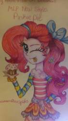 Size: 920x1632 | Tagged: safe, artist:bananafloursplits, pinkie pie, equestria girls, g4, cupcake, female, food, one eye closed, solo, tongue out, traditional art, wink
