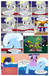 Size: 792x1224 | Tagged: safe, artist:dekomaru, derpy hooves, trixie, twilight sparkle, pony, comic:the greatest gift, g4, bed, comic, female, golden oaks library, lesbian, sad, ship:twixie, shipping