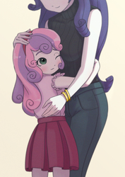 Size: 579x819 | Tagged: safe, artist:agaberu, rarity, sweetie belle, equestria girls, g4, blushing, boob smothering, bracelet, clothes, cute, diasweetes, duo, female, hairband, hug, jeans, jewelry, one eye closed, pants, shirt, siblings, sisters, skirt, sleeveless sweater, smiling, smothering, sweet dreams fuel