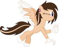 Size: 8061x6400 | Tagged: safe, artist:parclytaxel, oc, oc only, oc:buttercream scotch, hippogriff, hybrid, .svg available, absurd resolution, art trade, ear piercing, earring, female, flying, jewelry, looking at you, ok, one eye closed, piercing, simple background, smiling, solo, transparent background, vector, wink