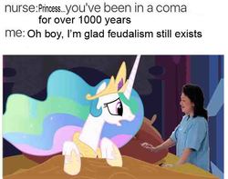 Size: 680x536 | Tagged: safe, princess celestia, alicorn, human, pony, g4, coma, me irl, meme, open mouth, sir you've been in a coma, text