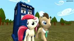 Size: 1920x1080 | Tagged: safe, artist:goatcanon, doctor whooves, roseluck, time turner, earth pony, pony, g4, 3d, crossover, doctor who, duo, female, male, mare, necktie, source filmmaker, stallion, tardis, the doctor