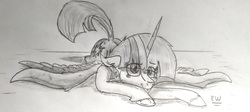 Size: 3067x1374 | Tagged: safe, artist:zeezou2, twilight sparkle, alicorn, pony, g4, looking up, monochrome, relaxed wings, relaxing, signature, sketch, smiling, spread wings, traditional art, twilight sparkle (alicorn), wings