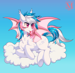 Size: 1100x1063 | Tagged: safe, artist:margony, oc, oc only, bat pony, pony, cloud, commission, looking back, male, multicolored hair, prone, smiling, solo, stallion, tongue out