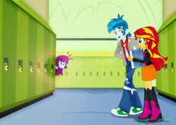 Size: 1062x751 | Tagged: safe, artist:jucamovi1992, mystery mint, sunset shimmer, thunderbass, equestria girls, g4, art trade, background human, book, boots, clothes, crack shipping, female, high heel boots, jacket, leather jacket, lockers, male, necktie, scarf, shimmerbass, shipper on deck, shipping, shoes, skirt, smiling, sneakers, straight