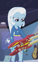 Size: 410x662 | Tagged: safe, screencap, trixie, equestria girls, g4, guitar centered, my little pony equestria girls: rainbow rocks, clothes, electric guitar, female, guitar, hoodie, jacket, looking down, music notes, musical instrument, skirt, solo