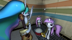 Size: 1920x1080 | Tagged: safe, artist:goatcanon, princess celestia, alicorn, pony, g4, 3d, black mesa, cewestia, crown, cute, cutelestia, drums, female, filly, filly celestia, jewelry, lazytown, looking at you, mare, meme, musical instrument, necklace, open mouth, pink-mane celestia, regalia, source filmmaker, spread wings, trumpet, we are number one, wings, young celestia, younger