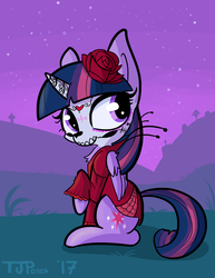 Size: 1280x1656 | Tagged: safe, artist:tjpones, twilight sparkle, alicorn, pony, g4, clothes, dia de los muertos, dress, face paint, female, flower, flower in hair, looking back, mare, night, sitting, skull, solo, twilight sparkle (alicorn)
