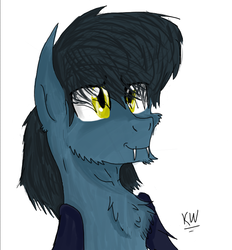 Size: 614x662 | Tagged: safe, artist:zeezou2, oc, oc only, bat pony, pony, bust, chest fluff, fangs, folded wings, looking up, male, signature, smiling, solo, stallion