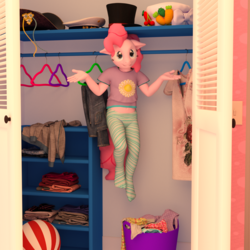 Size: 1500x1500 | Tagged: safe, artist:tahublade7, pinkie pie, anthro, plantigrade anthro, g4, 3d, ball, basket, closet, clothes, clothes hanger, daz studio, female, filly, floppy ears, hanging, hat, pinkie being pinkie, shirt, solo, tights, top hat, who else but pinkie