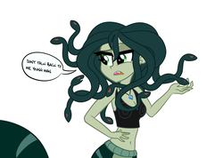 Size: 1024x731 | Tagged: dead source, safe, artist:wubcakeva, oc, oc only, oc:medusa, gorgon, lamia, monster girl, original species, snake, equestria girls, g4, belly button, breasts, cleavage, dialogue, equestria girls-ified, female, medusa, midriff, offscreen character, simple background, solo, speech bubble, white background