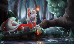 Size: 2700x1600 | Tagged: safe, artist:alina-sherl, oc, oc only, earth pony, fox, fox pony, hybrid, kitsune, kitsune pony, original species, pony, back fluff, bell, blue eyes, chest fluff, collar, colored pupils, crepuscular rays, ear fluff, female, fire, fluffy, forest, grass, grin, leg fluff, lidded eyes, looking at something, looking up, mare, multicolored tail, multiple tails, nature, prone, ribbon, river, roots, scenery, shoulder fluff, slit pupils, smiling, solo, tail fluff, tree, unshorn fetlocks, water, wisp