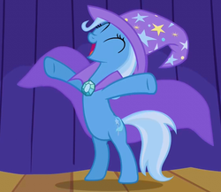 Size: 564x489 | Tagged: safe, screencap, trixie, pony, unicorn, boast busters, g4, cape, clothes, female, hat, mare, smiling, solo, standing, trixie's cape, trixie's hat