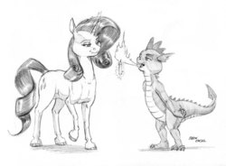 Size: 1400x1028 | Tagged: source needed, useless source url, safe, artist:baron engel, rarity, spike, dragon, pony, unicorn, g4, candle, duo, female, grayscale, male, mare, monochrome, pencil drawing, simple background, traditional art, white background