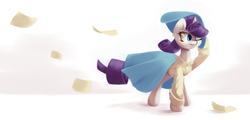 Size: 7500x3600 | Tagged: safe, artist:luxaestas, rarity, pony, g4, absurd resolution, clothes, dress, female, one eye closed, paper, shirt, solo
