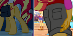 Size: 1164x576 | Tagged: safe, edit, edited screencap, screencap, applejack, sunset shimmer, equestria girls, g4, my little pony equestria girls, my little pony equestria girls: legend of everfree, ass, bag, boots, bunset shimmer, butt, camp everfree outfits, clothes, cowboy boots, embrace the magic, lake, mountain, plot, shorts, sparkles, tree