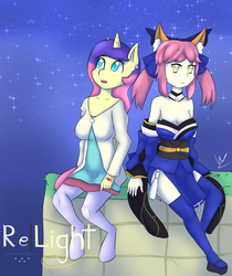 Size: 2988x3560 | Tagged: safe, artist:wolfy-pony, oc, oc only, human, anthro, unguligrade anthro, animal ears, clothes, colored pupils, crossover, duo, ear piercing, earring, fate/extra, female, high res, humanized, humanized oc, jewelry, looking at you, looking up, mare, night, open mouth, piercing, sitting, starry night, stars, tamamo no mae