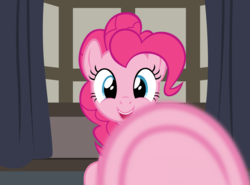Size: 2772x2048 | Tagged: safe, artist:badumsquish, derpibooru exclusive, pinkie pie, earth pony, pony, g4, boop, female, grin, happy, high res, hooves, looking at you, offscreen character, pov, sitting, smiling, solo, this will end in fun, underhoof