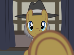 Size: 2772x2048 | Tagged: safe, artist:badumsquish, derpibooru exclusive, igneous rock pie, earth pony, pony, g4, boop, clothes, happy, hat, high res, hooves, male, offscreen character, pov, sitting, smiling, solo, stallion, underhoof, wrong eye color