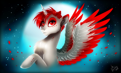 Size: 1024x614 | Tagged: safe, artist:das_leben, oc, oc only, alicorn, pony, alicorn oc, colored pupils, female, flower petals, full moon, looking at you, mare, moon, raised hoof, red hair, short hair, solo, spread wings, stars, wings
